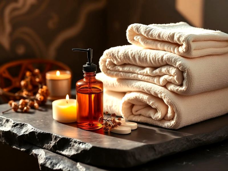 Visuel d’ambiance : serviettes, bougie et flacon ambré