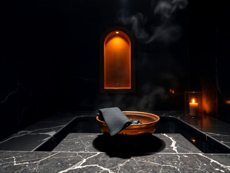 Visuel d’ambiance : vasque en cuivre sur marbre sombre