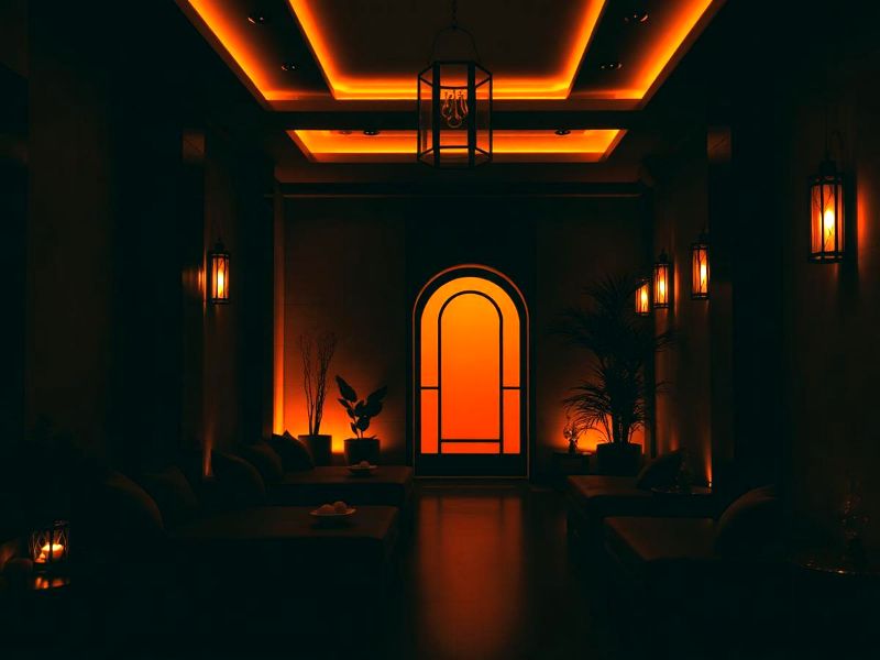 Visuel d’ambiance : salon aux lanternes et lumière orangée