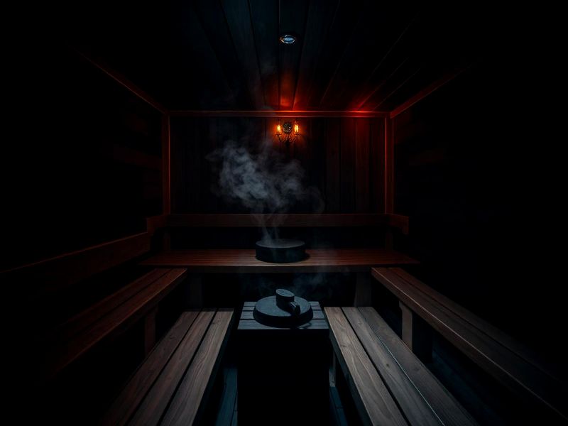 Visuel d’ambiance : sauna en bois, lumière tamisée