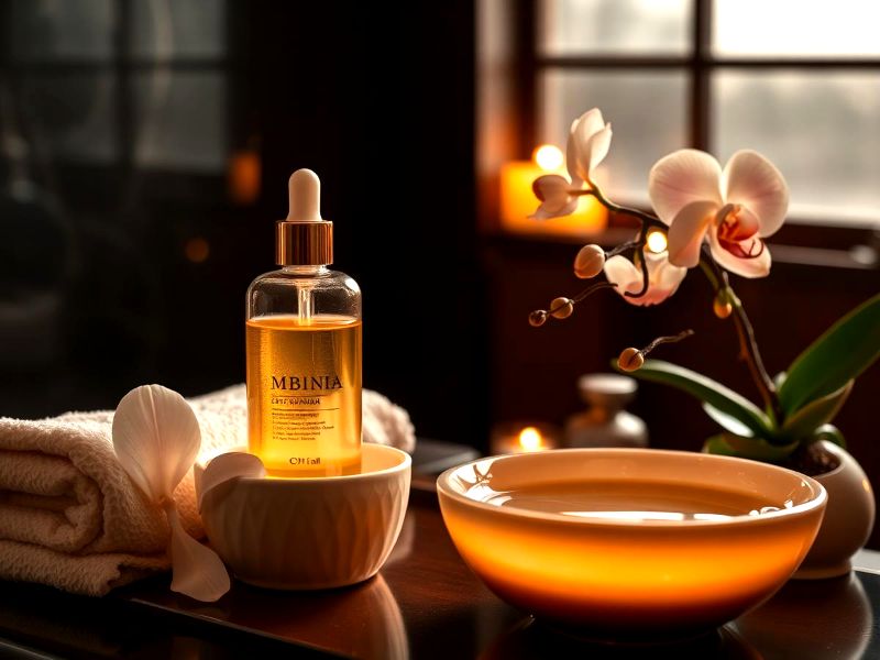 Visuel d’ambiance : flacons de soin et fleurs
