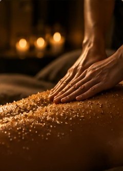 Visuel d’ambiance : gommage du corps aux grains dorés