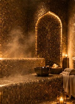 Visuel d’ambiance : hammam en mosaïque dorée et vapeur