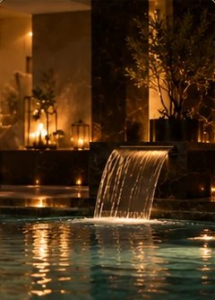 Visuel d’ambiance : bassin et cascade éclairés aux bougies