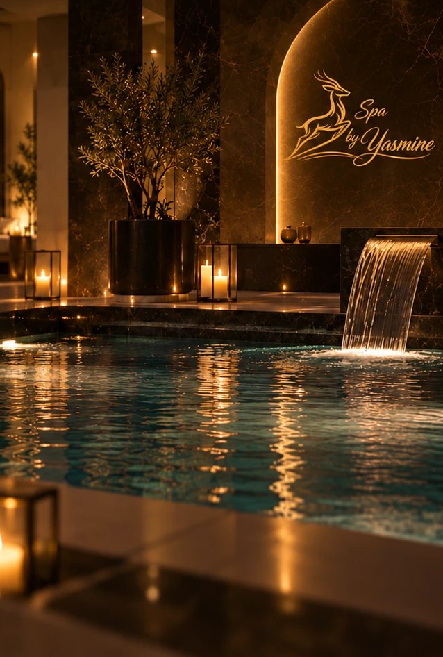 Visuel d’ambiance : bassin éclairé aux bougies, cascade et logo doré