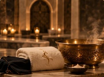 Visuel d’ambiance : serviette brodée et vasque en cuivre au hammam