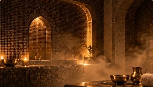 Visuel d’ambiance : hammam voûté, vapeur et bougies
