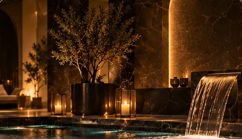 Visuel d’ambiance : bassin, cascade et olivier