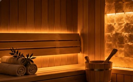Visuel d’ambiance : banc de sauna et pierres de sel éclairées