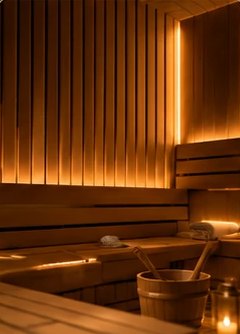 Visuel d’ambiance : sauna en bois, lumière tamisée